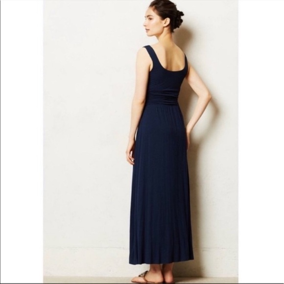 Anthropologie Bailey 44 Navy Blue Maxi Dress Sz Large Slit Scoop Neck Ruched - Picture 3 of 13